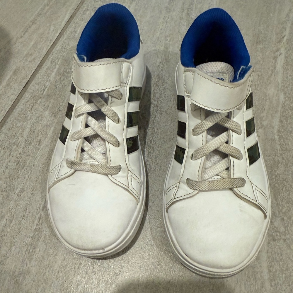 Adidas Kids White and Black Sneakers with Blue Accents